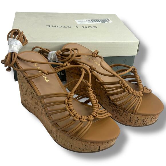 NEW Sun + Stone Strappy Lace Up Wedge Sandals Size 7 Brown Ankle Wrap Cork Heels - Picture 1 of 12